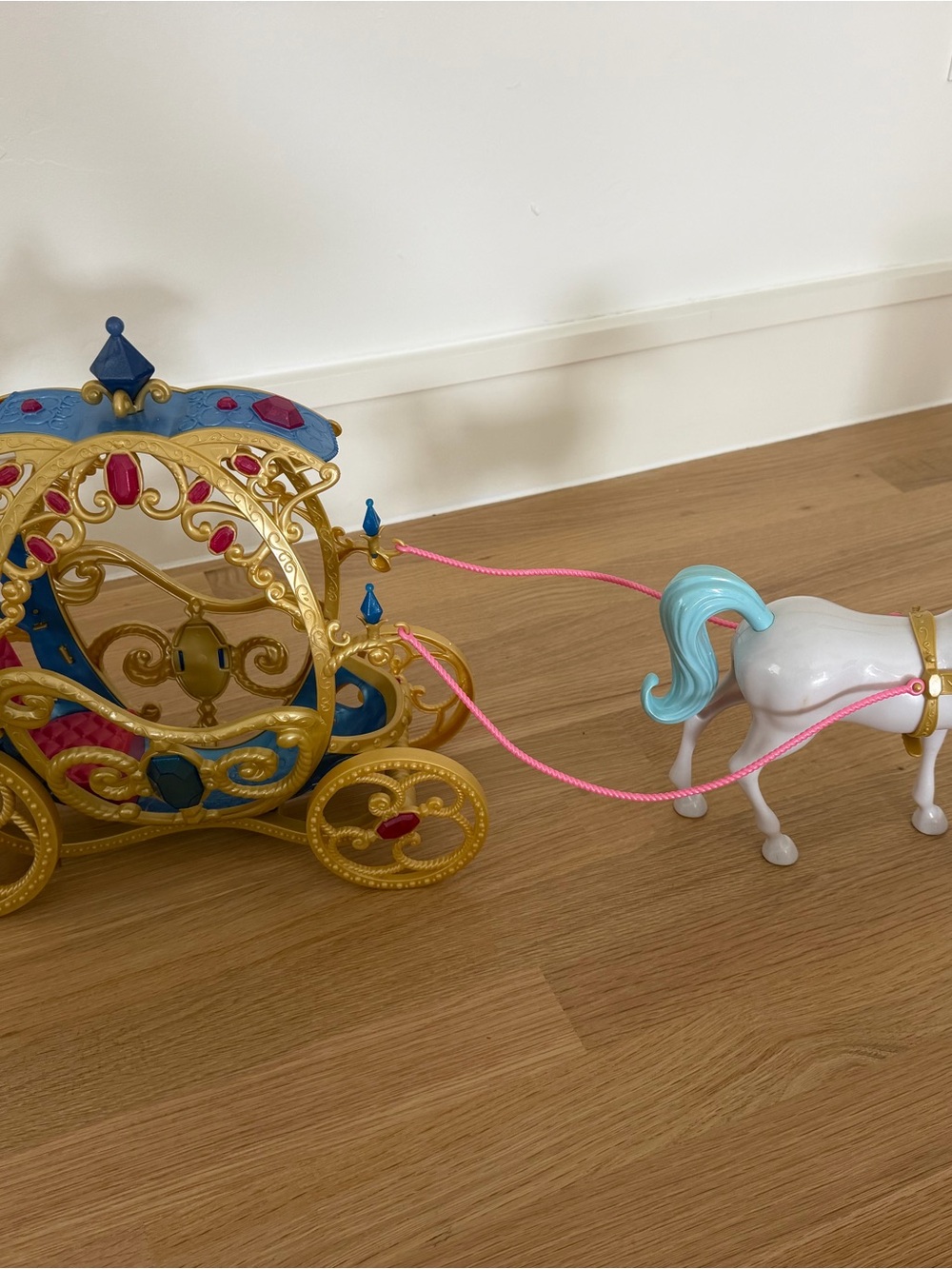 Disney Gold and Blue Princess Carriage with White Horse and Pink Reins